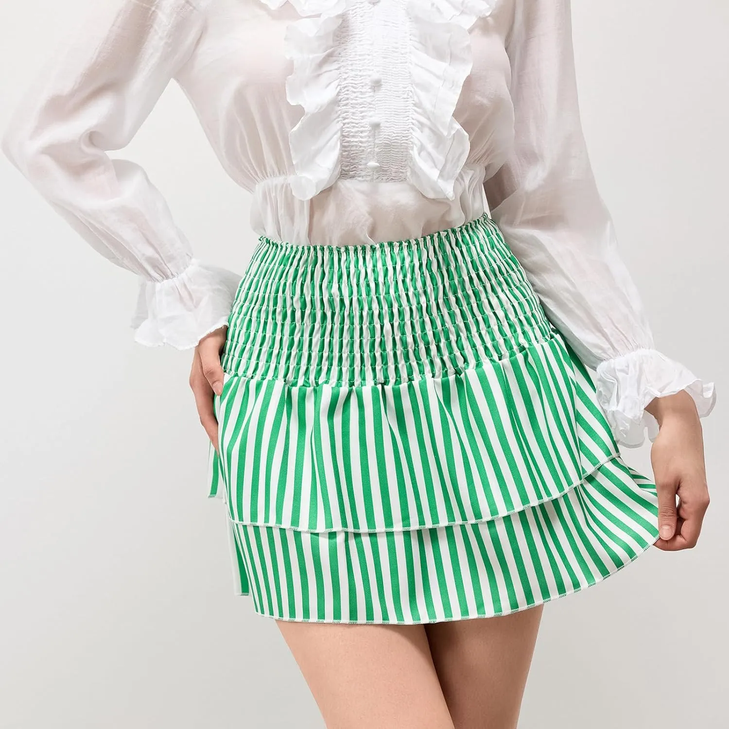 Women Y2K Floral Mini Skirts Lace Low Waist Pleated Ruffled Hem Layered Skirts Striped Beach Ruffle Short Skirts