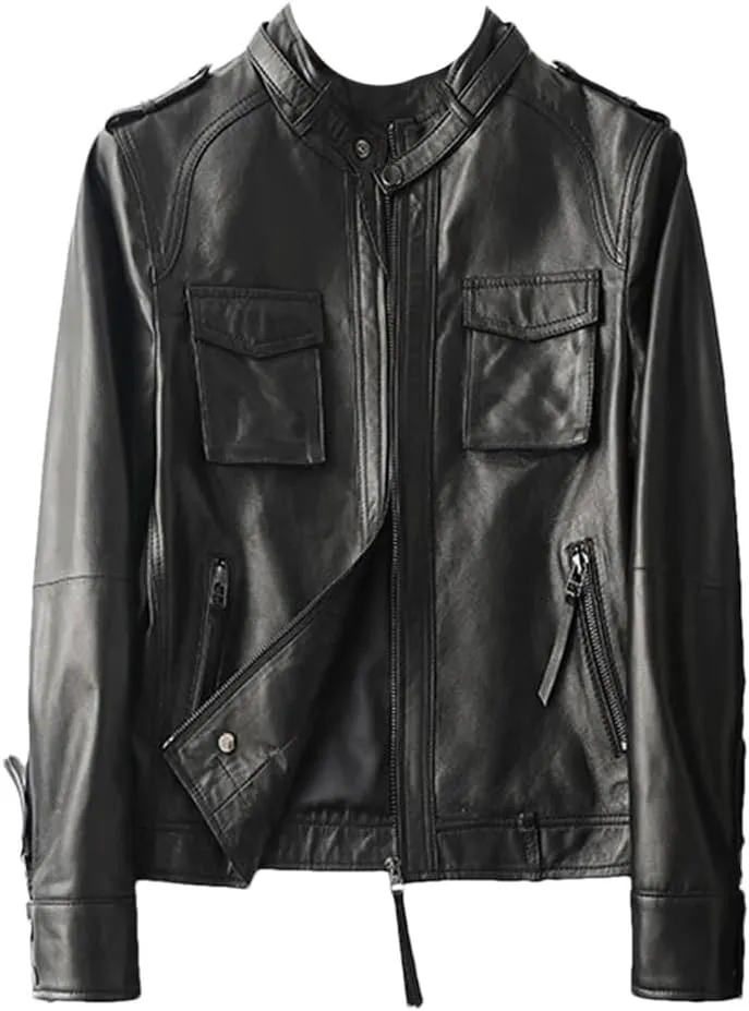 Womens 100% Sheepskin Short Jacket Long Sleeve Moto Biker Jackets Vintage Slim Leather Jackets