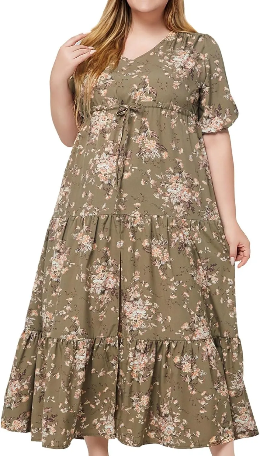 Womens 2024 Casual Puff Sleeve Long Sundress Plus Size Loose Floral Print Ruffle Tiered Split Summer Beach Maxi Dress