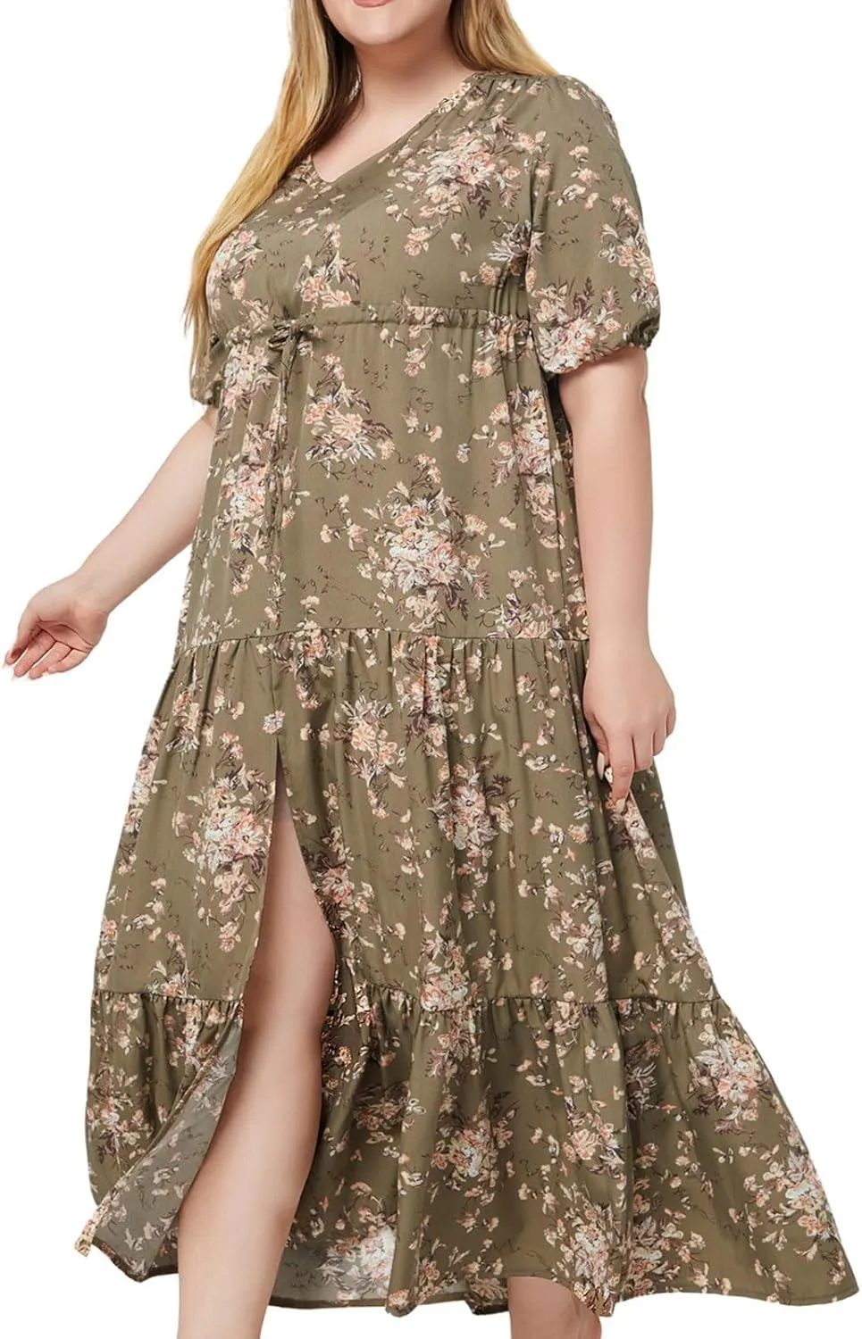 Womens 2024 Casual Puff Sleeve Long Sundress Plus Size Loose Floral Print Ruffle Tiered Split Summer Beach Maxi Dress