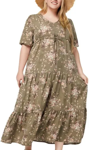 Womens 2024 Casual Puff Sleeve Long Sundress Plus Size Loose Floral Print Ruffle Tiered Split Summer Beach Maxi Dress