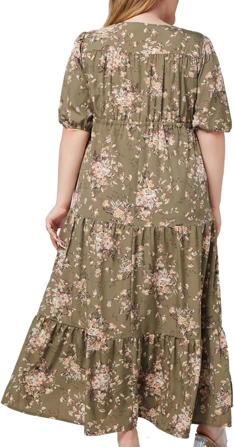 Womens 2024 Casual Puff Sleeve Long Sundress Plus Size Loose Floral Print Ruffle Tiered Split Summer Beach Maxi Dress