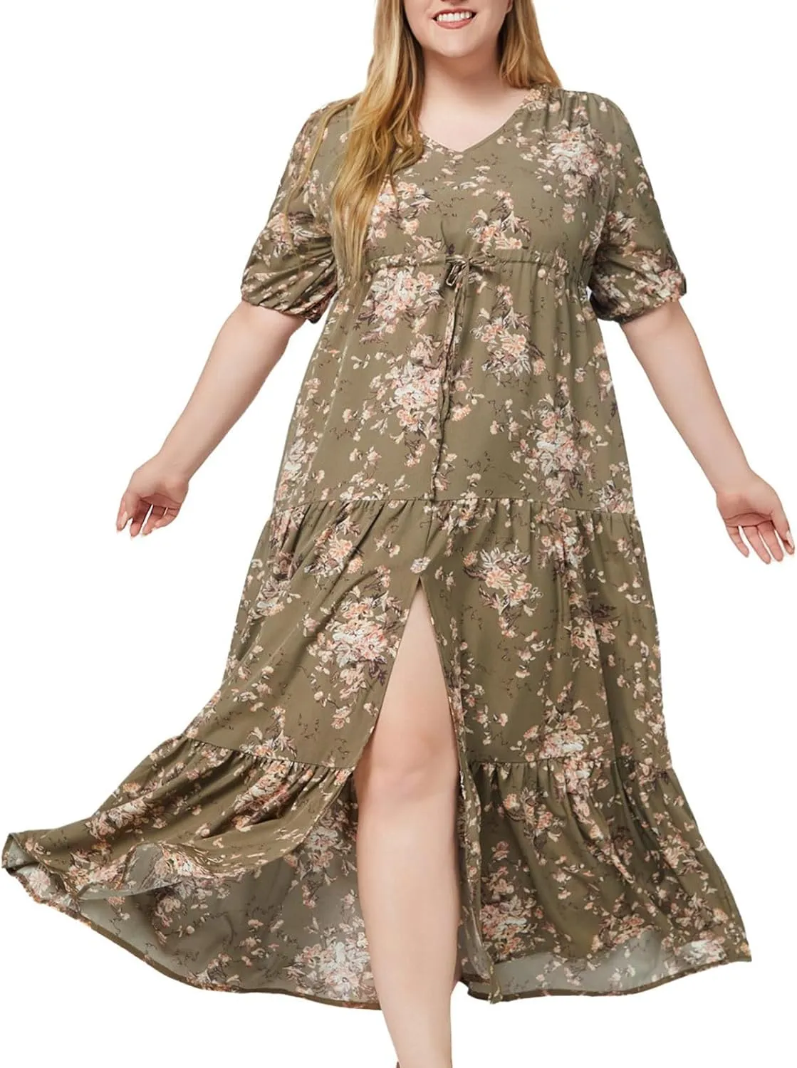 Womens 2024 Casual Puff Sleeve Long Sundress Plus Size Loose Floral Print Ruffle Tiered Split Summer Beach Maxi Dress
