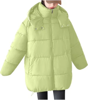 Womens 2024 Winter Coats with Hood Puffer Jackets Zip Up Parkas Long Sleeve Padded Warm Down Coats Casual Outerwear
