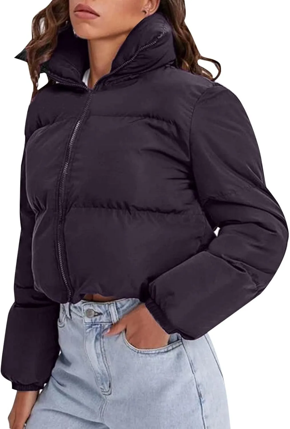 Women's 2024 Winter Long Sleeve Zip Cropped Short Puffer Jacket Parkas Pockets Baggy Down Coats Warm Quilted Jacket