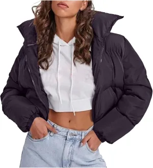 Women's 2024 Winter Long Sleeve Zip Cropped Short Puffer Jacket Parkas Pockets Baggy Down Coats Warm Quilted Jacket