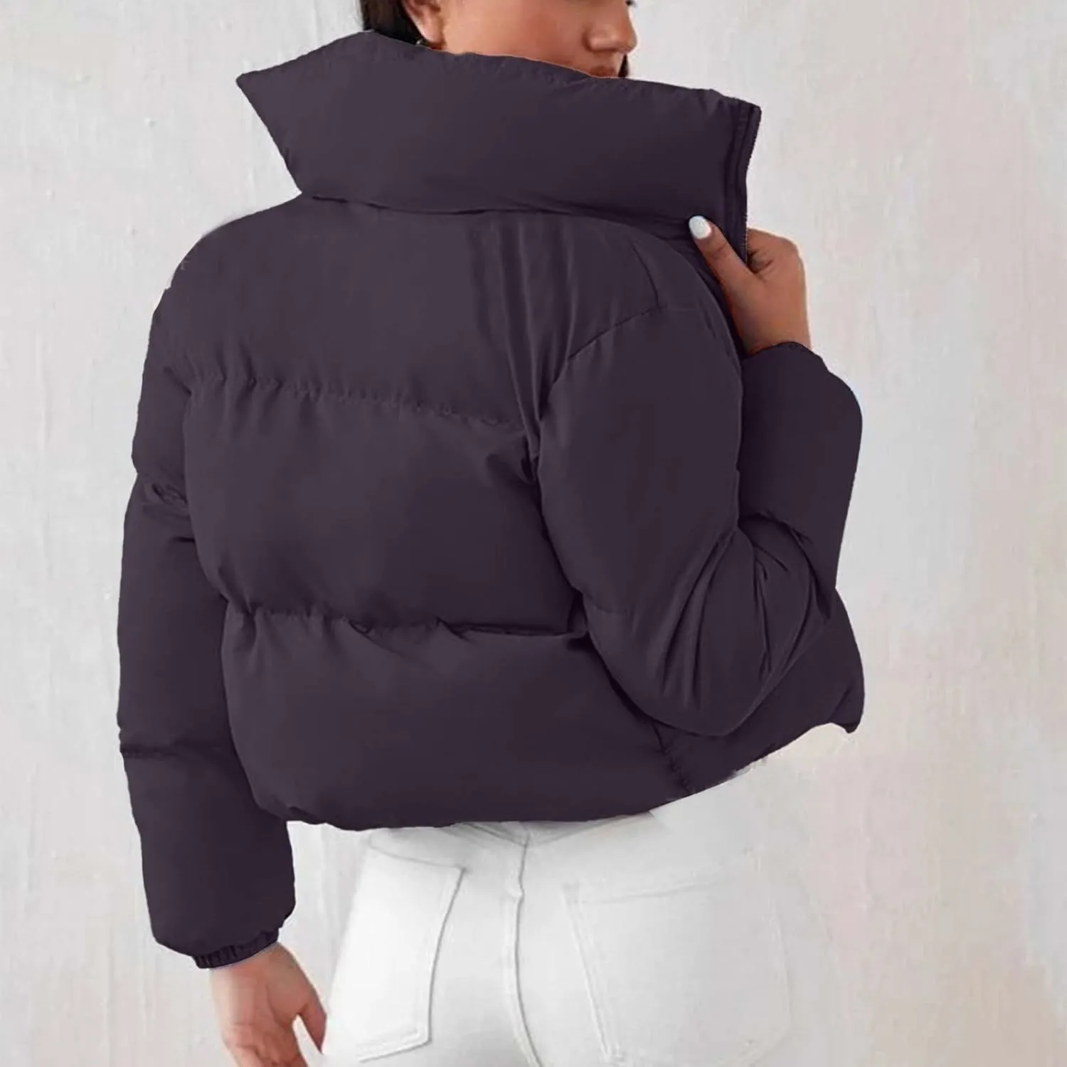 Women's 2024 Winter Long Sleeve Zip Cropped Short Puffer Jacket Parkas Pockets Baggy Down Coats Warm Quilted Jacket