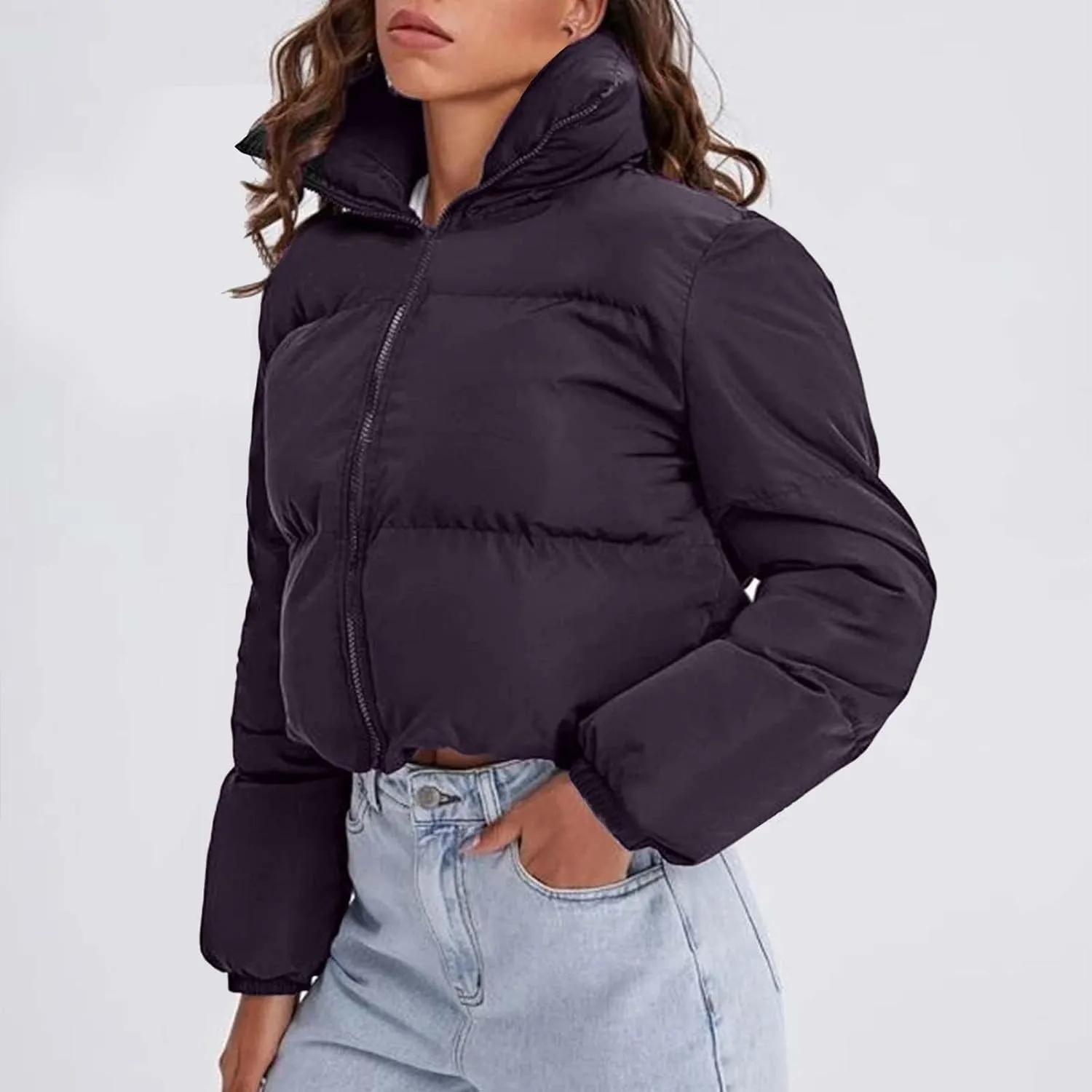 Women's 2024 Winter Long Sleeve Zip Cropped Short Puffer Jacket Parkas Pockets Baggy Down Coats Warm Quilted Jacket