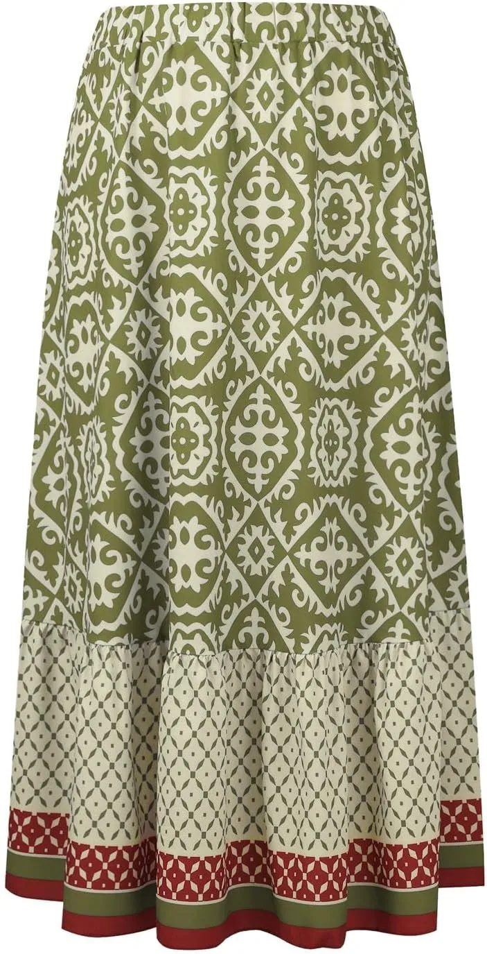 Women's 2025 Bohemian Long Skirts Elastic High Waist A Line Maxi Skirts Summer Casual Printed Pleated Flowy Skirts