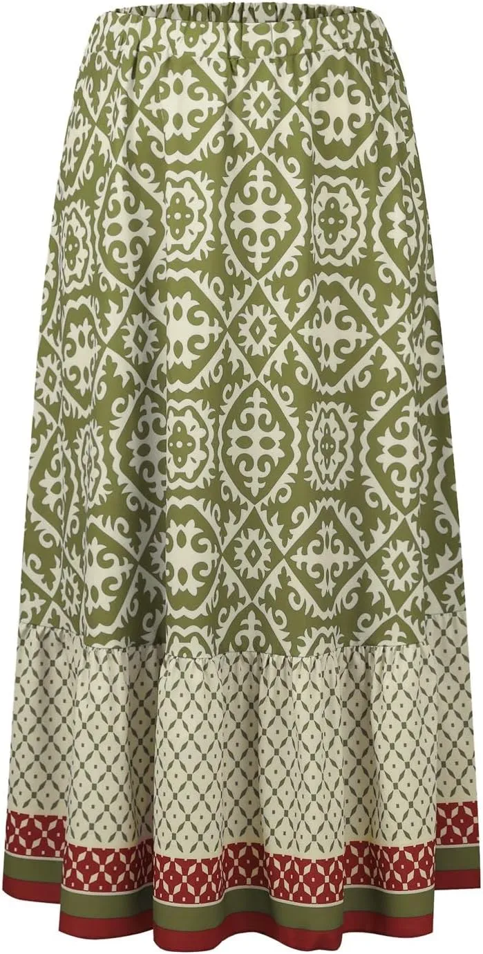 Women's 2025 Bohemian Long Skirts Elastic High Waist A Line Maxi Skirts Summer Casual Printed Pleated Flowy Skirts