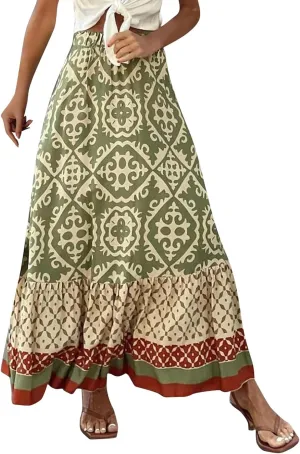 Women's 2025 Bohemian Long Skirts Elastic High Waist A Line Maxi Skirts Summer Casual Printed Pleated Flowy Skirts