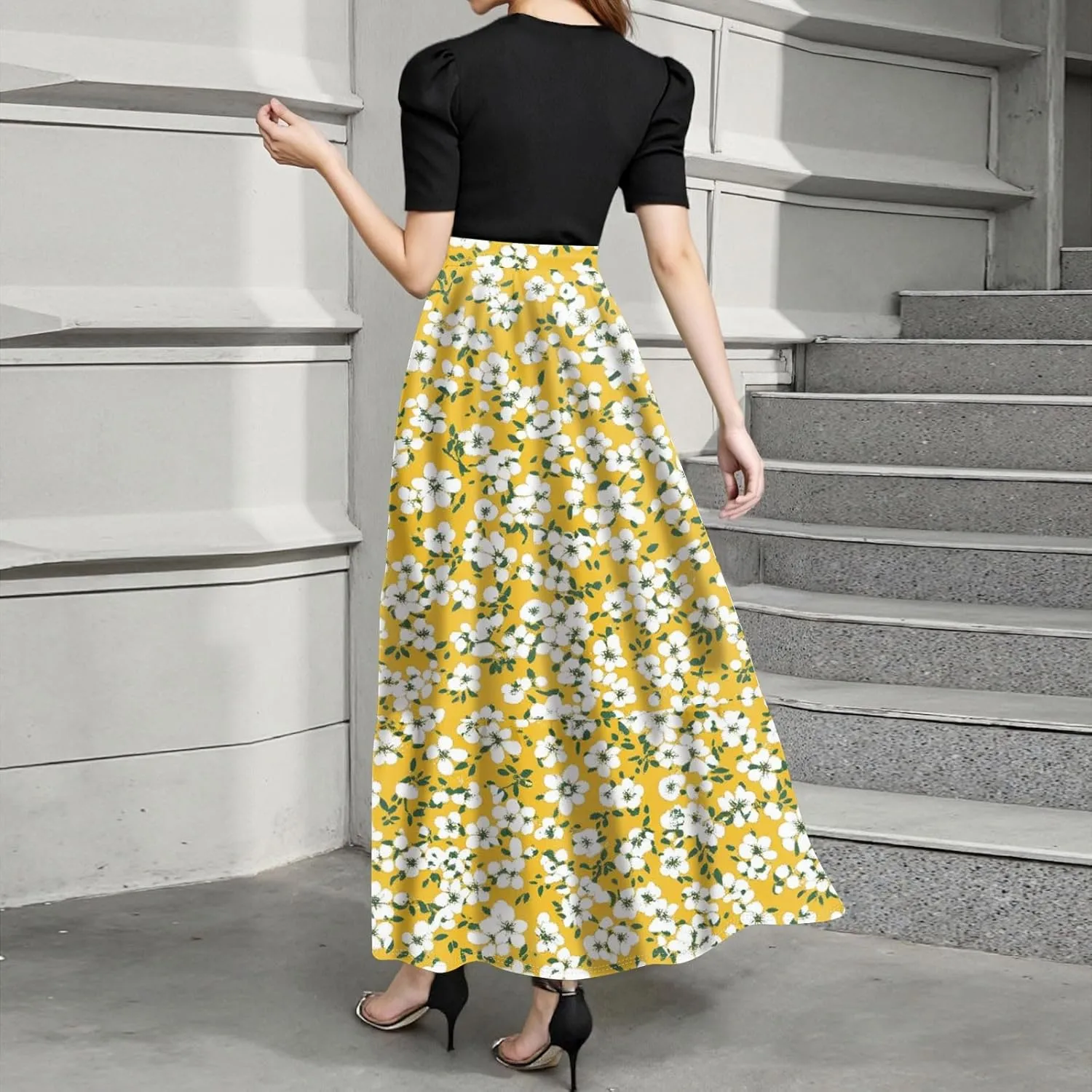 Women's 2025 Summer Floral Crew Neck Midi Dress Boho Short Sleeve High Waist Flowy Beach Vacation Dresses