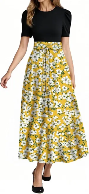 Women's 2025 Summer Floral Crew Neck Midi Dress Boho Short Sleeve High Waist Flowy Beach Vacation Dresses