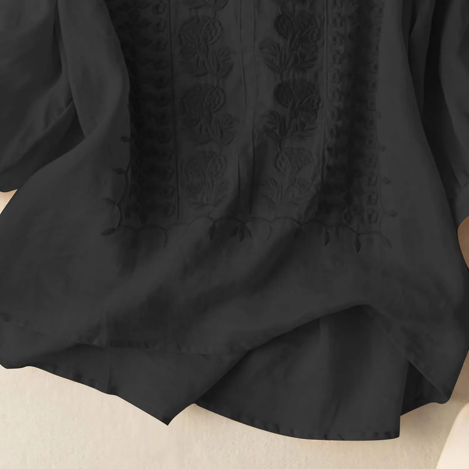 Women's 3/4 Sleeve Cotton Linen Jacquard Blouses Top T-Shirt 2025 Loose Fit Crew Neck Floral Embroidery Ruched Shirt