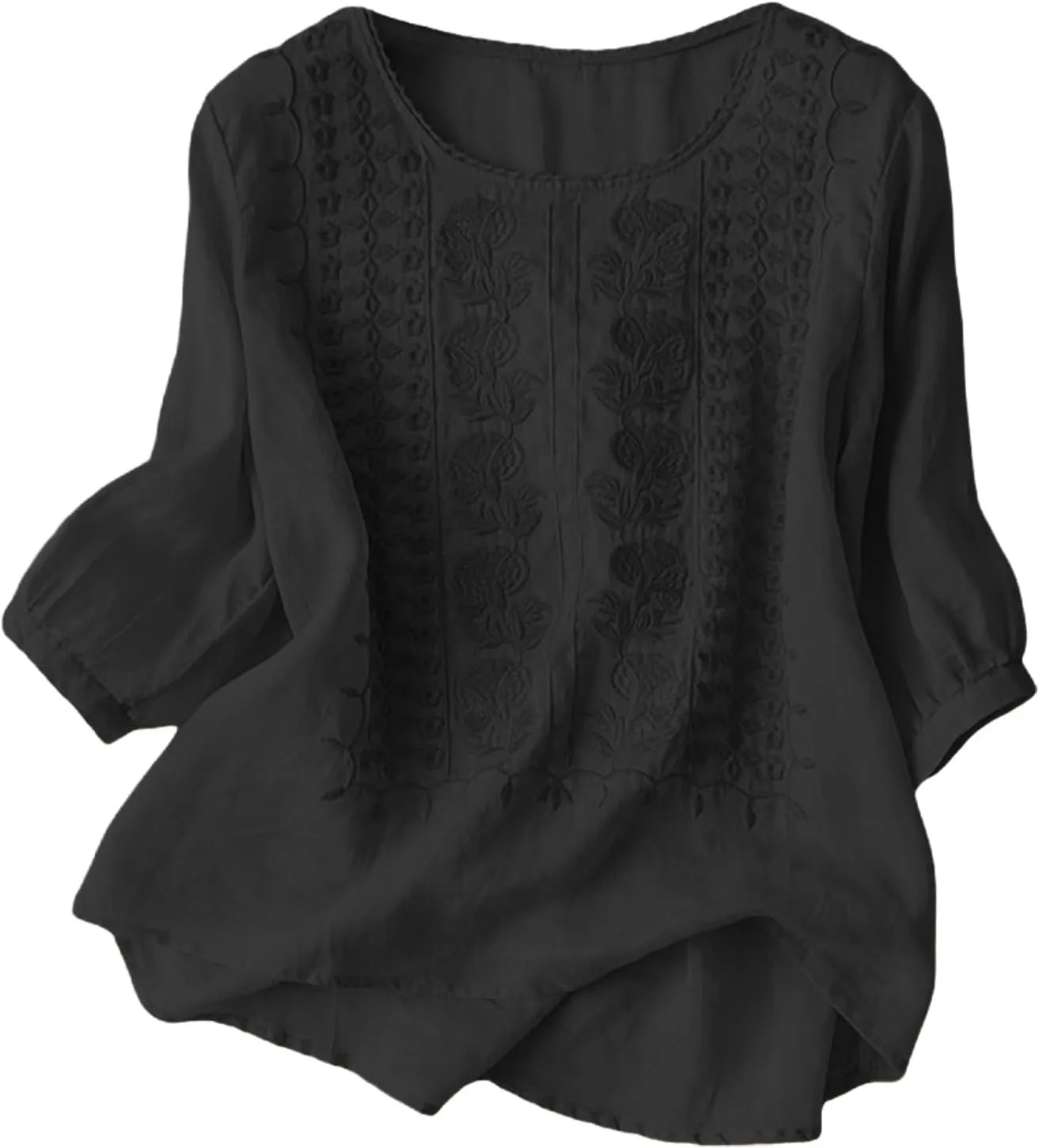 Women's 3/4 Sleeve Cotton Linen Jacquard Blouses Top T-Shirt 2025 Loose Fit Crew Neck Floral Embroidery Ruched Shirt