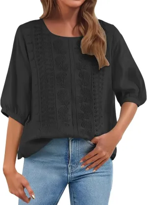 Women's 3/4 Sleeve Cotton Linen Jacquard Blouses Top T-Shirt 2025 Loose Fit Crew Neck Floral Embroidery Ruched Shirt