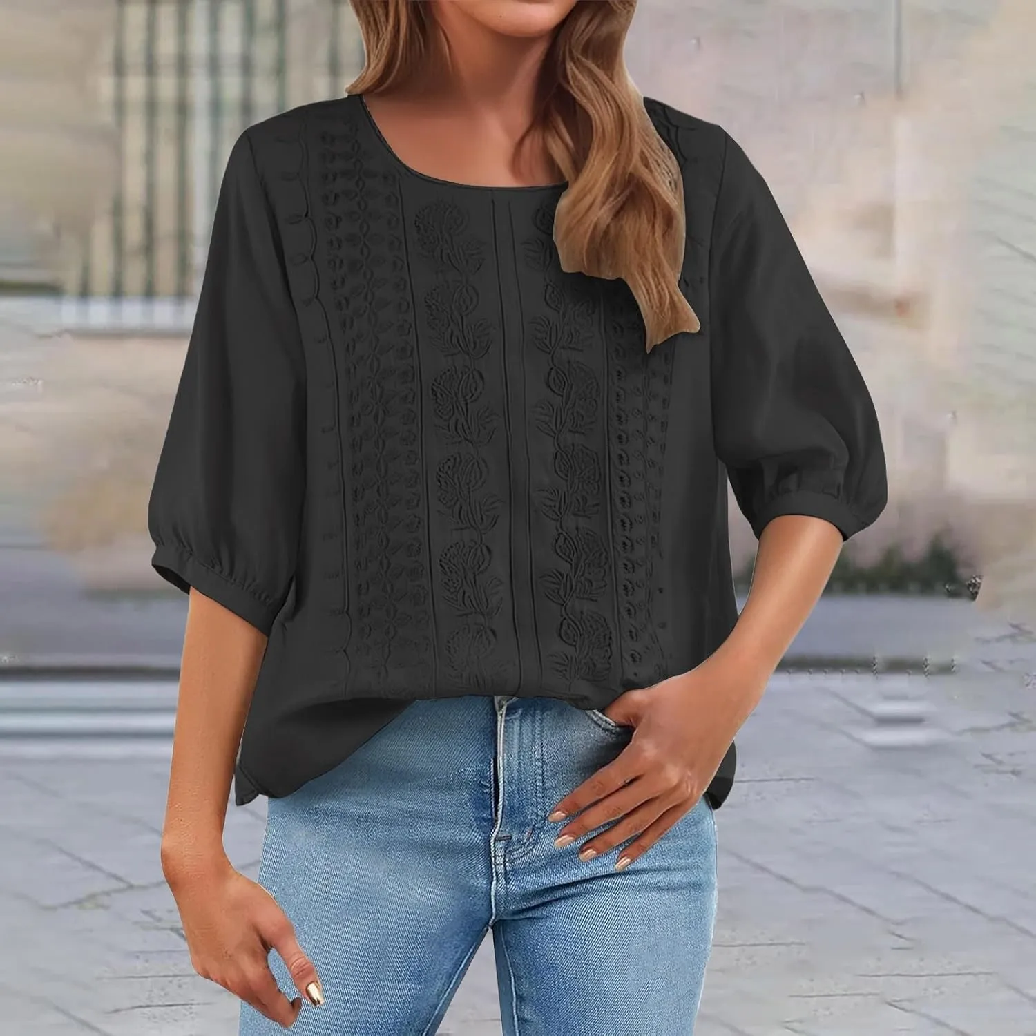 Women's 3/4 Sleeve Cotton Linen Jacquard Blouses Top T-Shirt 2025 Loose Fit Crew Neck Floral Embroidery Ruched Shirt