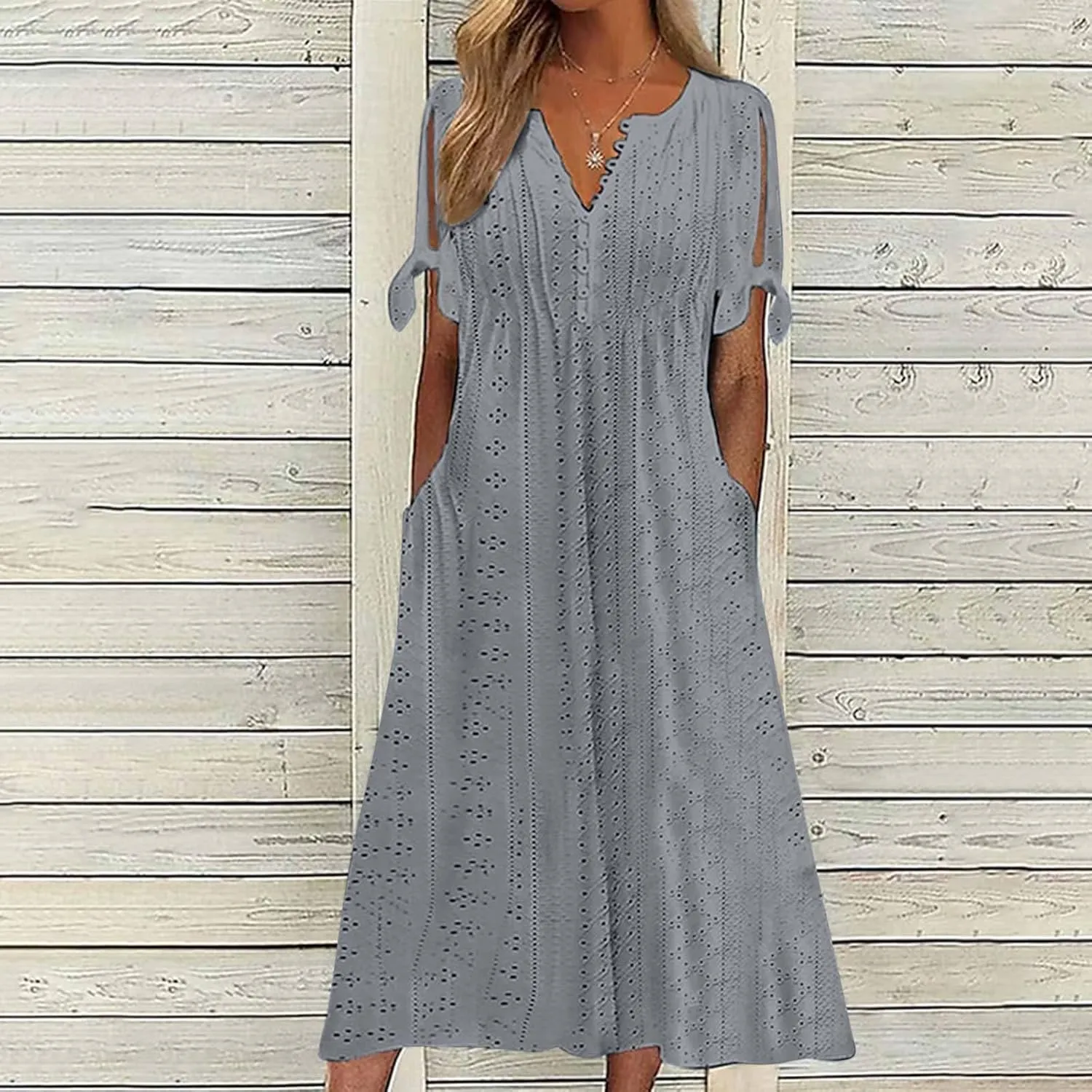 Womens Beach Casual Summer Dress V Neck Short Sleeve Boho Floral Maxi Sundress Tiered Ruffle with Pockets