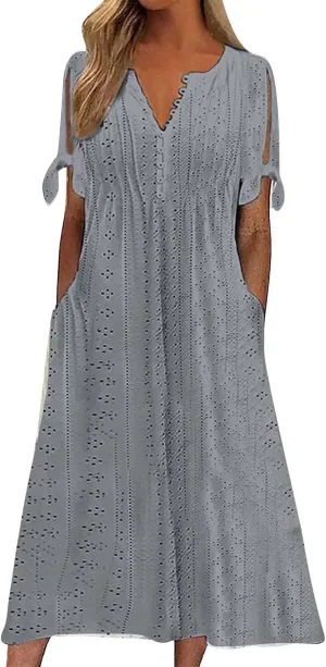 Womens Beach Casual Summer Dress V Neck Short Sleeve Boho Floral Maxi Sundress Tiered Ruffle with Pockets