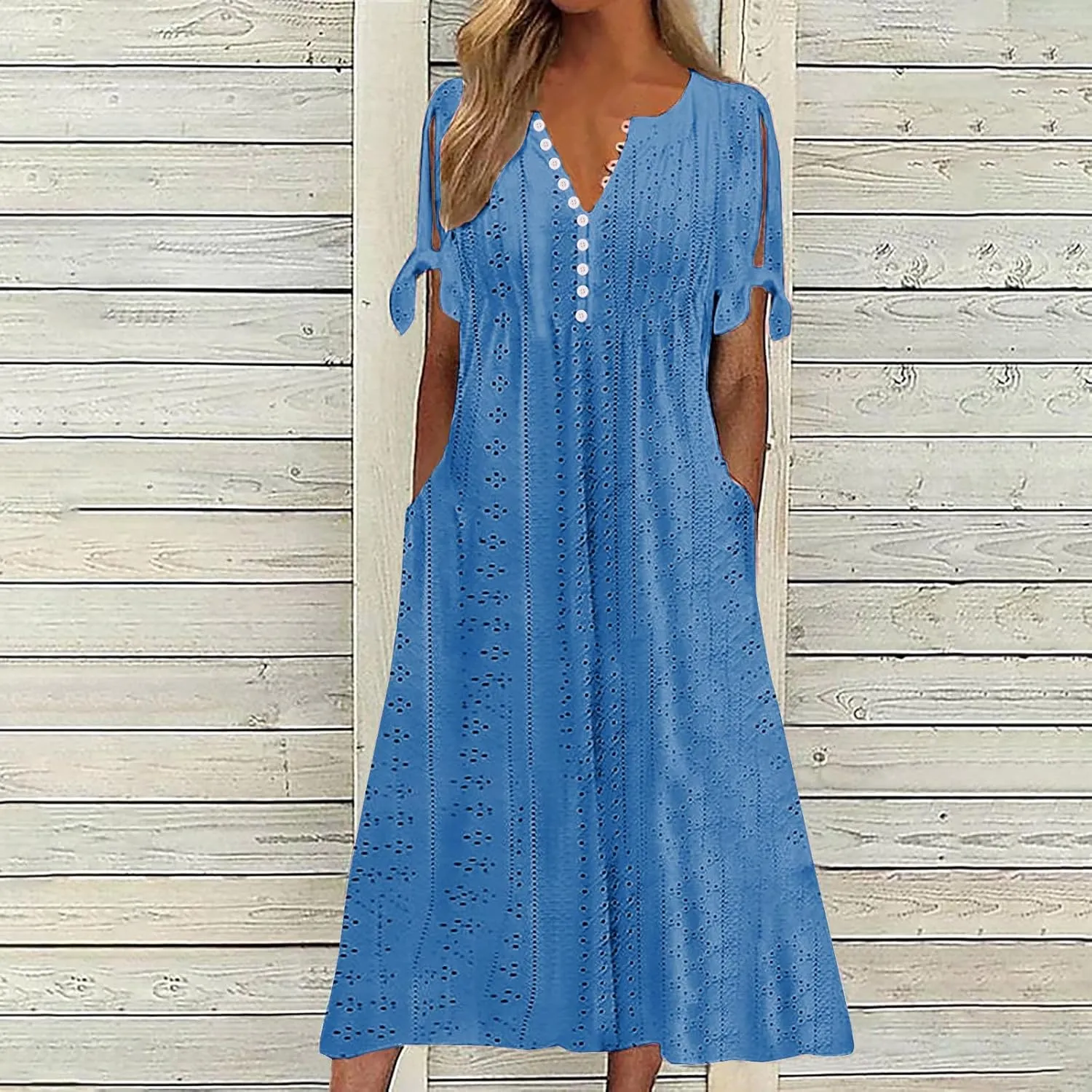 Womens Bohemian Maxi Long Dress V Neck Beach Vacation Dresses Flowy Fashion Casual Travel Outfits with Pockets
