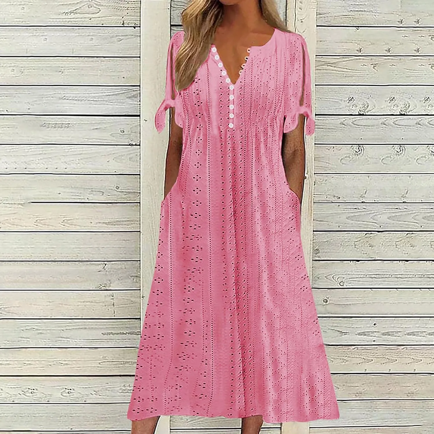 Womens Bohemian Maxi Long Dress V Neck Beach Vacation Dresses Flowy Fashion Casual Travel Outfits with Pockets