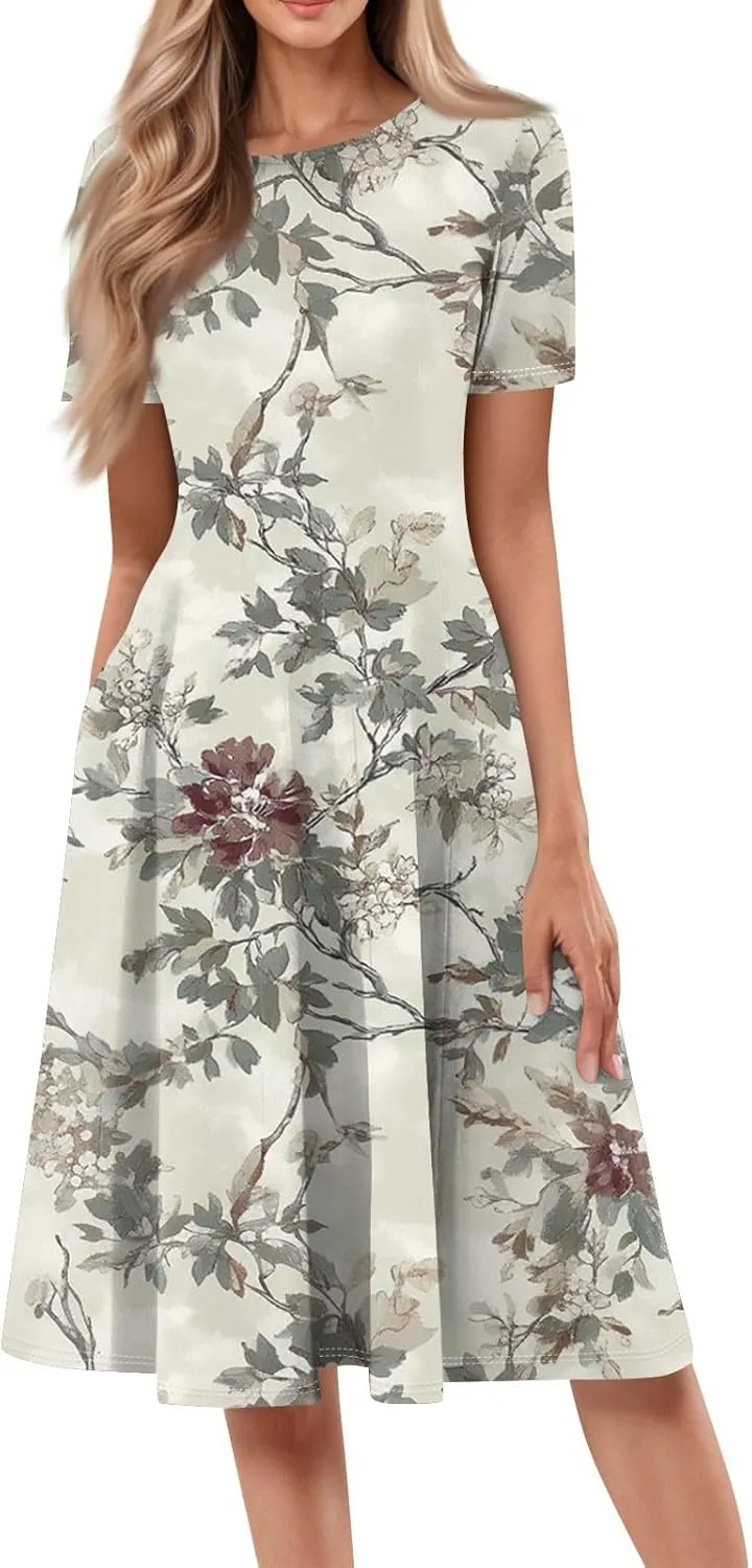 Women's Boho Dress Summer Casual Loose Trendy Short Sleeve Crew Neck Floral Print Midi Dresses 2025 Plus Size, S-3XL