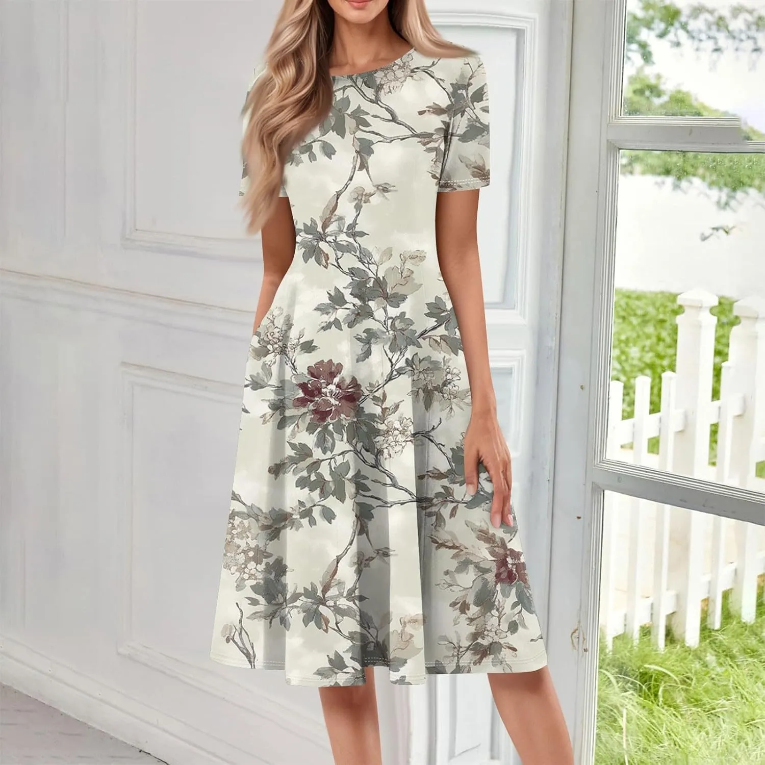 Women's Boho Dress Summer Casual Loose Trendy Short Sleeve Crew Neck Floral Print Midi Dresses 2025 Plus Size, S-3XL