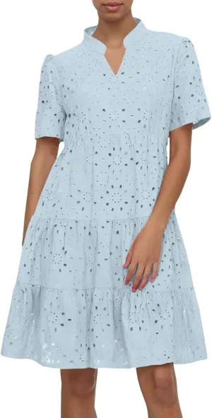 Women's Boho Summer Dress 2025 V Neck Lace Mini Dress with Short Sleeve & Cutout Detail, Flowy Beach Vacation Dresses
