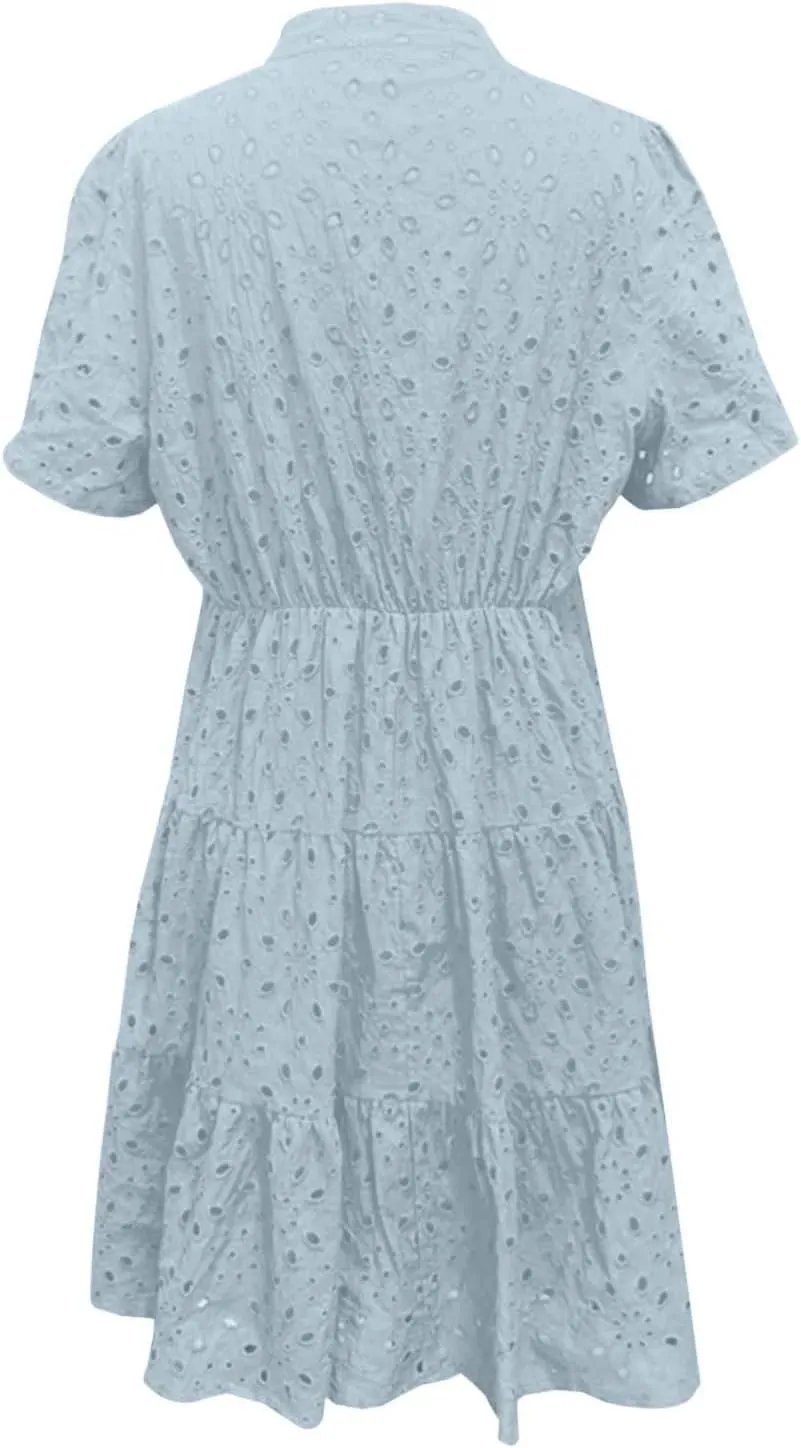 Women's Boho Summer Dress 2025 V Neck Lace Mini Dress with Short Sleeve & Cutout Detail, Flowy Beach Vacation Dresses