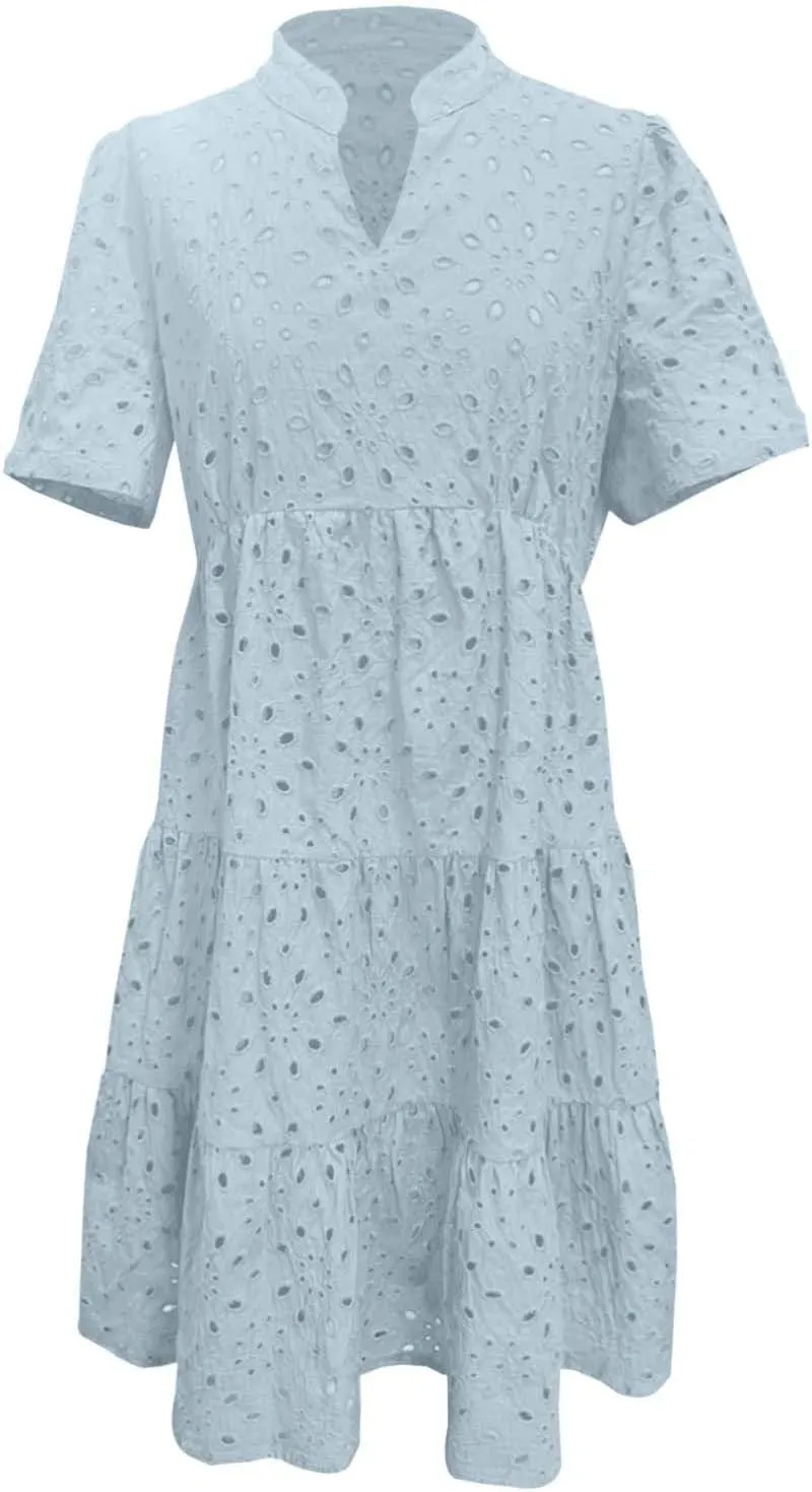 Women's Boho Summer Dress 2025 V Neck Lace Mini Dress with Short Sleeve & Cutout Detail, Flowy Beach Vacation Dresses