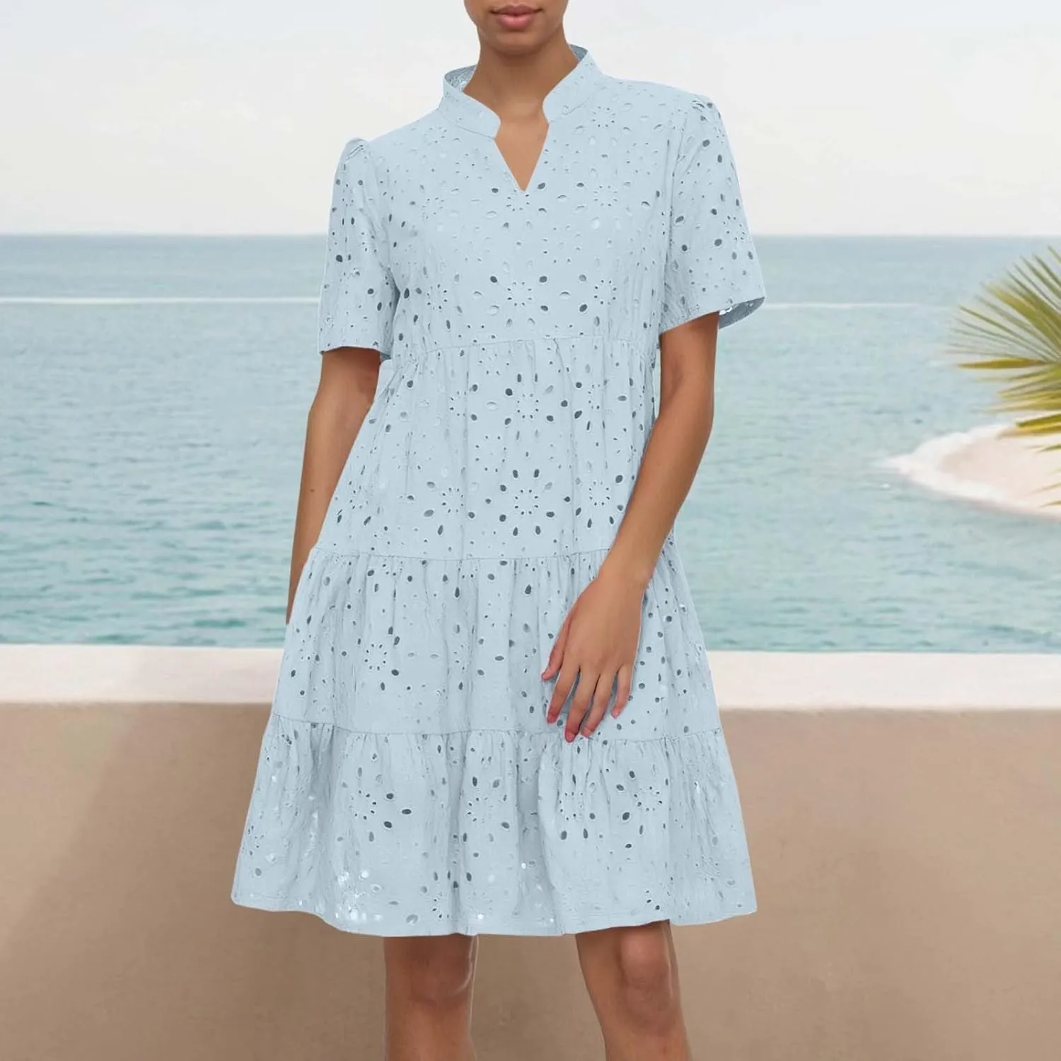 Women's Boho Summer Dress 2025 V Neck Lace Mini Dress with Short Sleeve & Cutout Detail, Flowy Beach Vacation Dresses