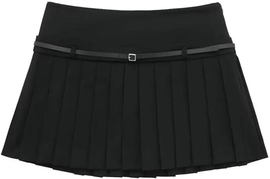 Women's Box Pleated Mini Skirts for Black Mid Rise Skirts Belt Office Short Skirts Streetwear Skirt Skort