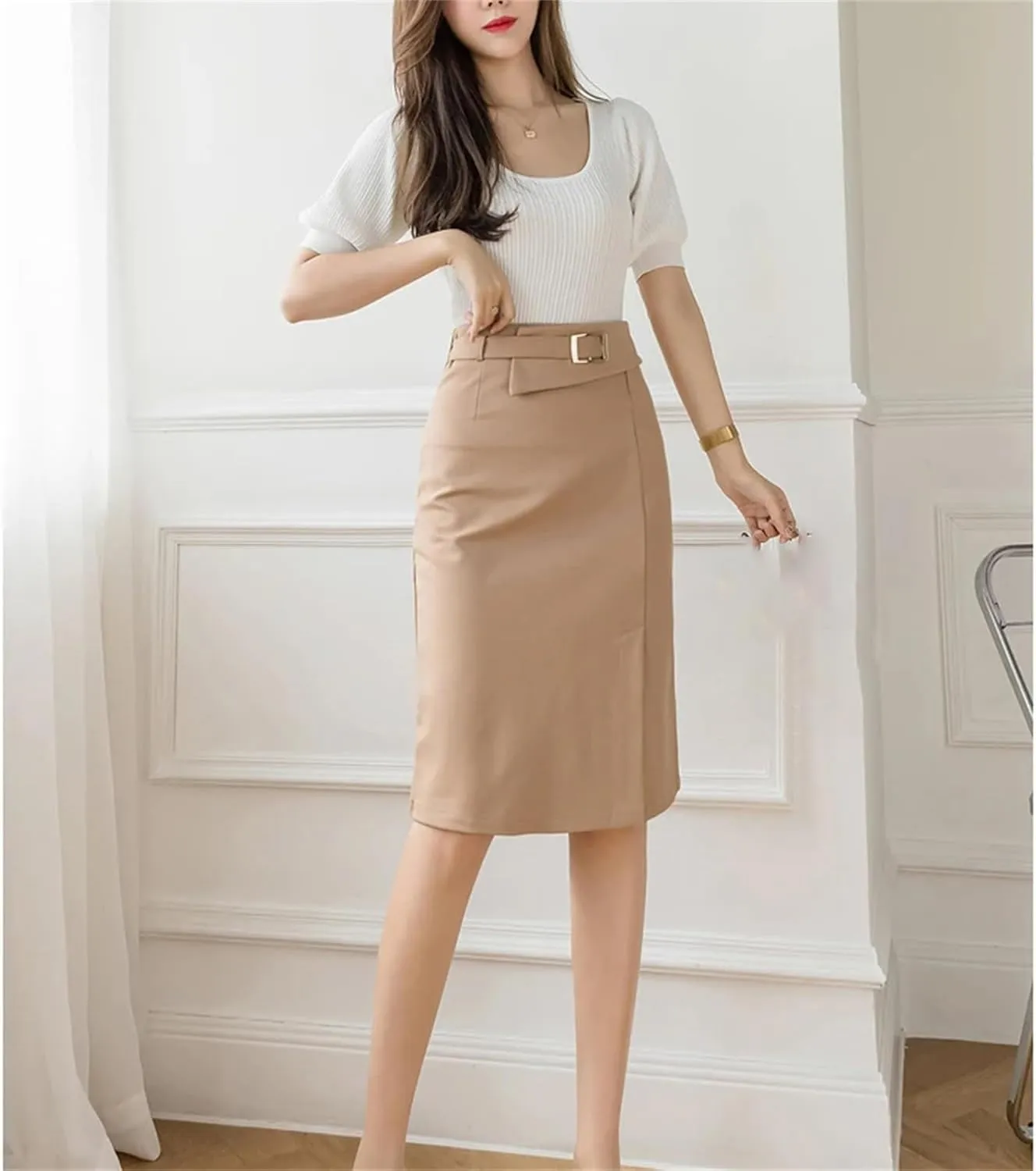 Women's Business Pencil Skirt – High Waist Irregular Slit Stretch Wrap Hip Midi Skirt Vintage Office Work