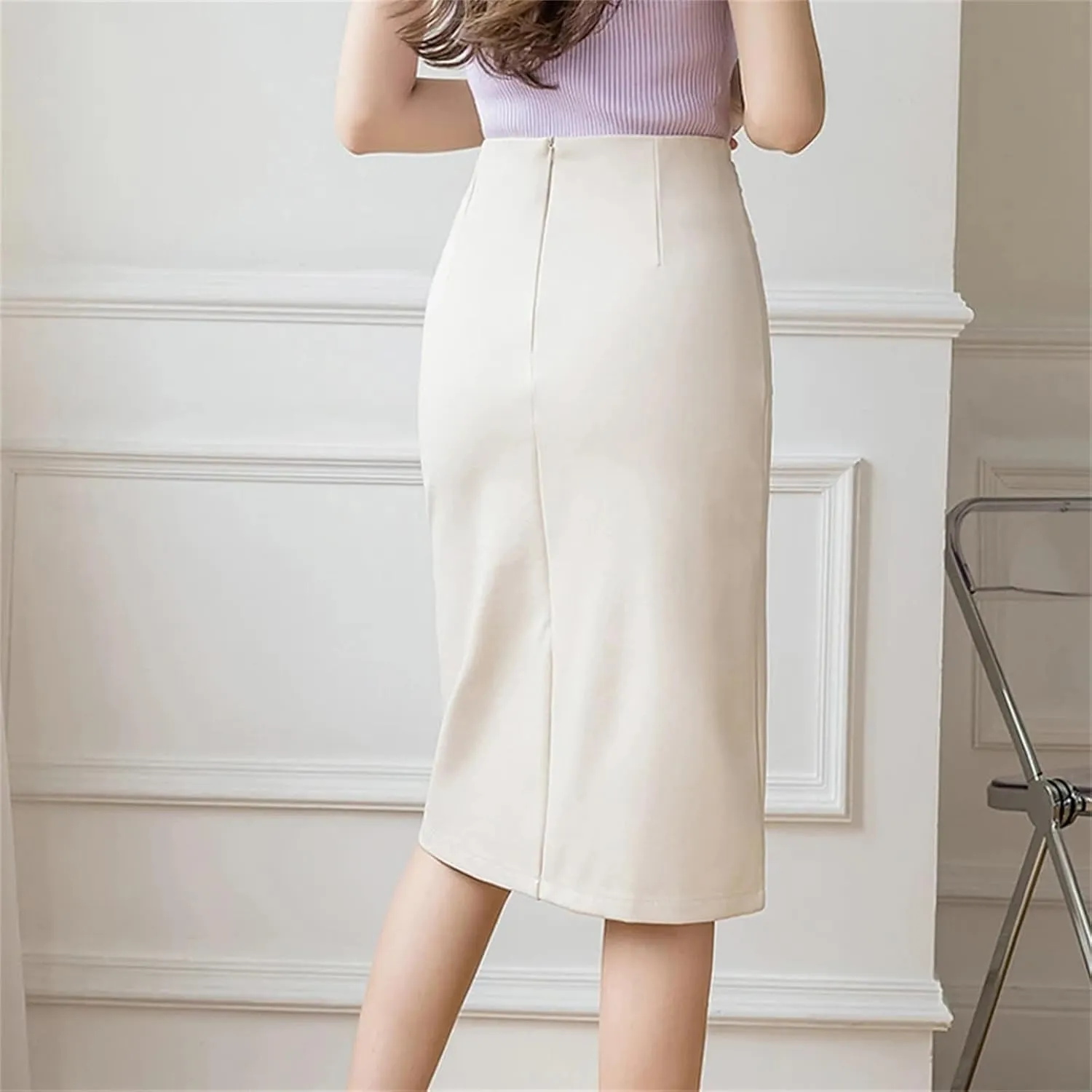 Women's Business Pencil Skirt – High Waist Irregular Slit Stretch Wrap Hip Midi Skirt Vintage Office Work