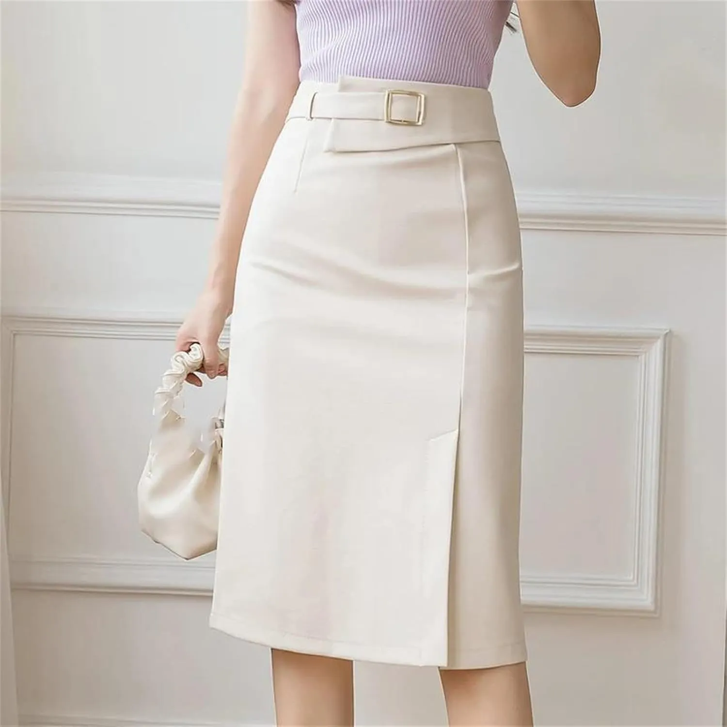Women's Business Pencil Skirt – High Waist Irregular Slit Stretch Wrap Hip Midi Skirt Vintage Office Work