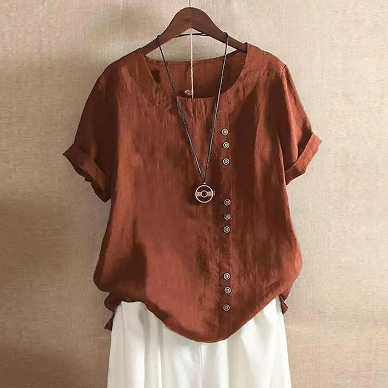 Womens Button Linen Short Sleeve T-Shirts Summer Fashion Casual Plus Size Tee Tops Round Neck Loose Fit Tshirt