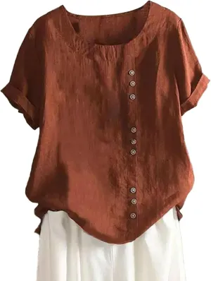 Womens Button Linen Short Sleeve T-Shirts Summer Fashion Casual Plus Size Tee Tops Round Neck Loose Fit Tshirt