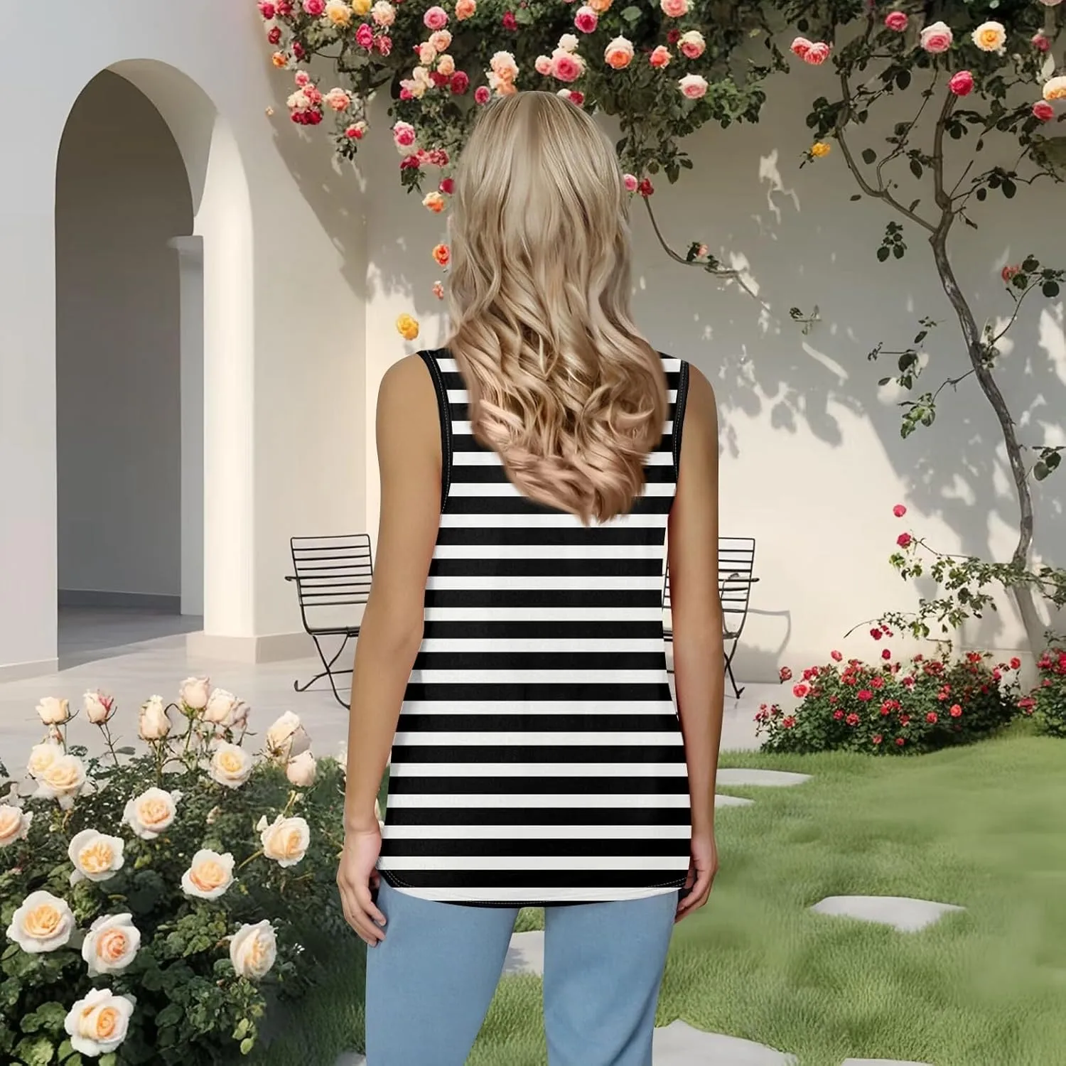 Women's Casual Red and White Striped Sleeveless Top Summer Fashion Square Neck Tank for Everyday Wear