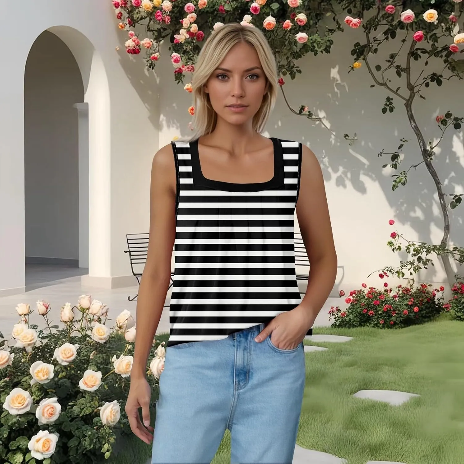 Women's Casual Red and White Striped Sleeveless Top Summer Fashion Square Neck Tank for Everyday Wear