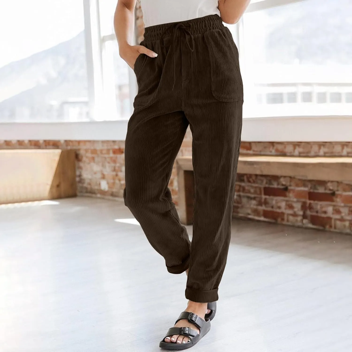 Women's Corduroy Pants Casual Drawstring Elastic High Waist Straight Leg Bottoms Fall Winter Comfy Trousers