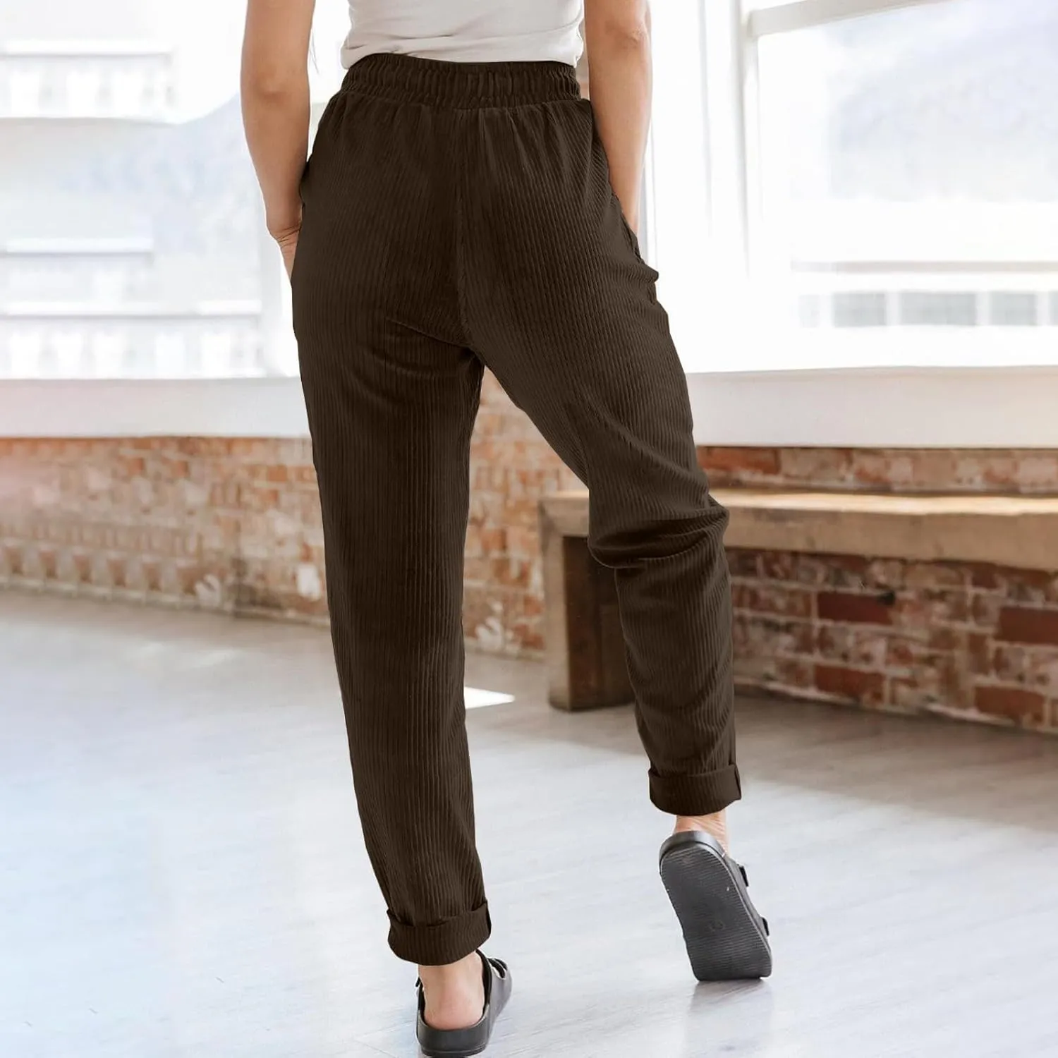 Women's Corduroy Pants Casual Drawstring Elastic High Waist Straight Leg Bottoms Fall Winter Comfy Trousers