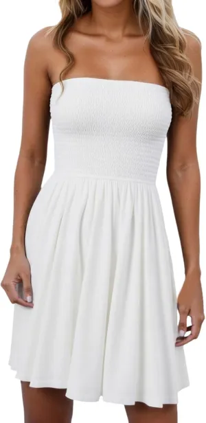 Womens Corset Dresses Summer Pleated Tie Waist Off Shoudler Tube Top Mini Dress Bohemian Strapless Vacation Sundress