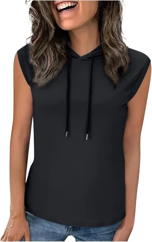 Womens Cotton Hooded Tank Tops Summer Casual Workout Cap Sleeve Hoodies Lightweight Loose Fit Gym Blouses Vests