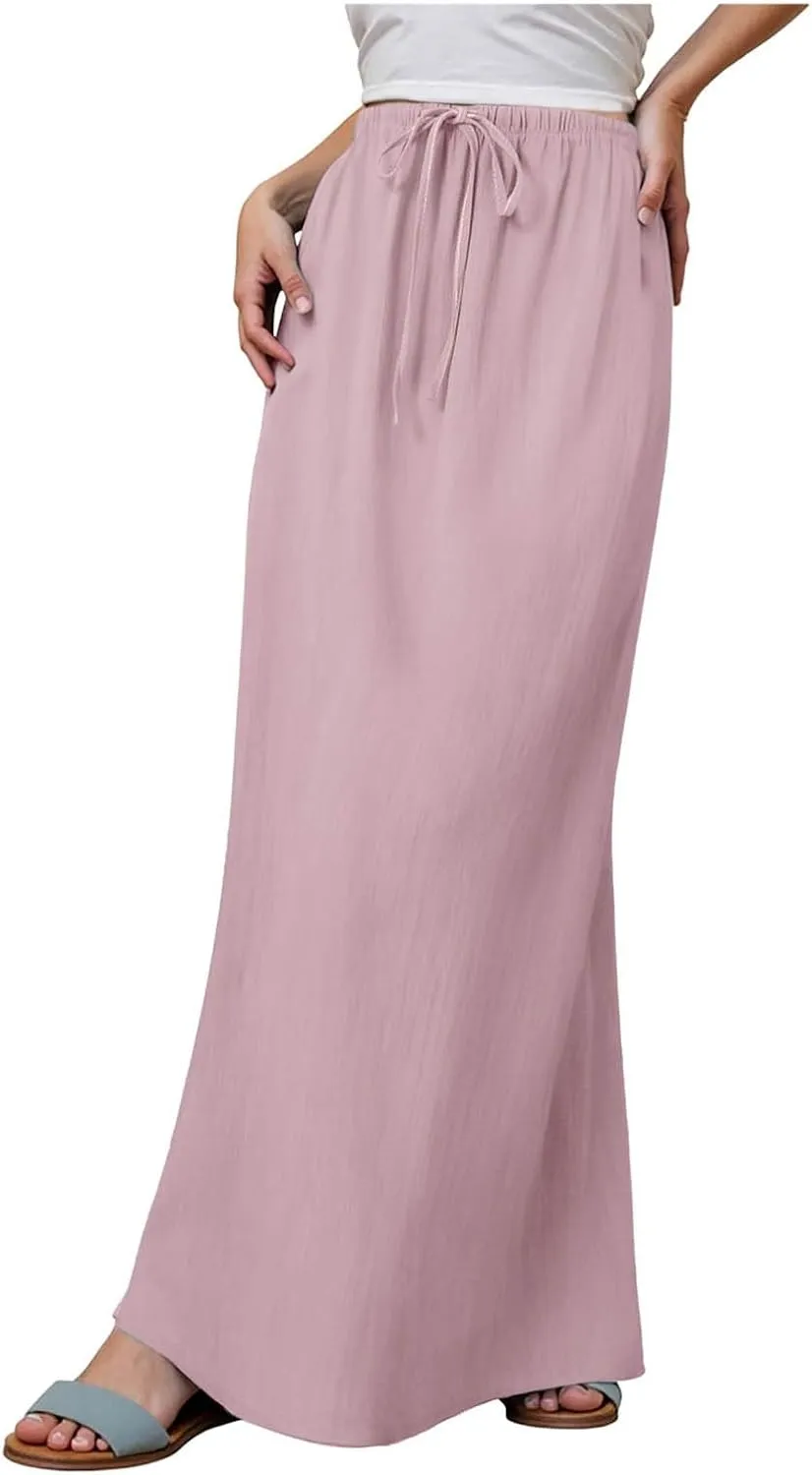 Womens Cotton Linen Maxi Skirts Summer Elastic Waist Drawstring A Line Long Flared Vacation Boho Flowy Beach Skirt