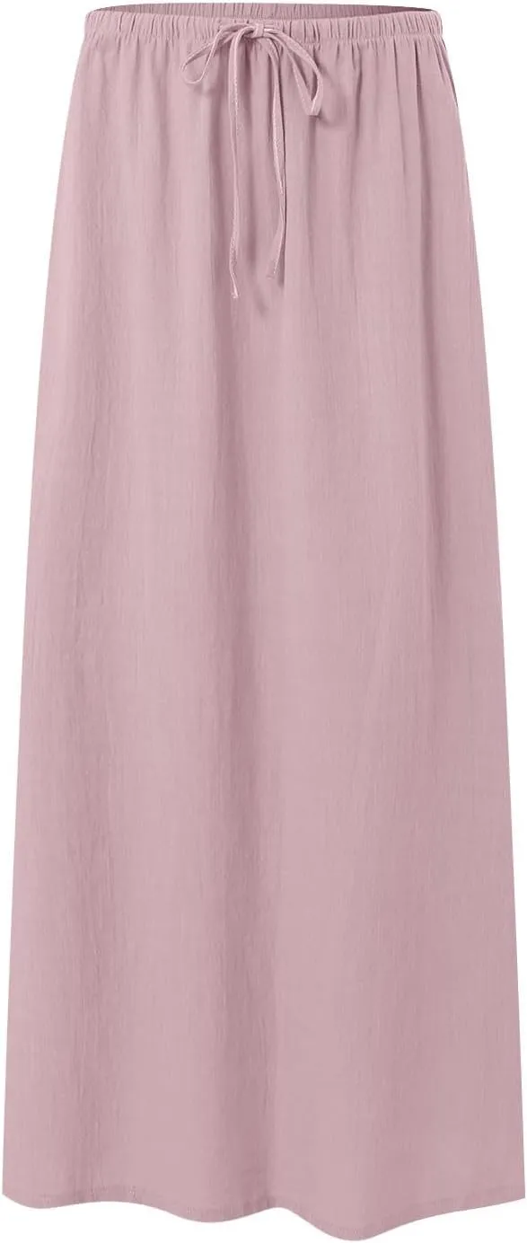 Womens Cotton Linen Maxi Skirts Summer Elastic Waist Drawstring A Line Long Flared Vacation Boho Flowy Beach Skirt