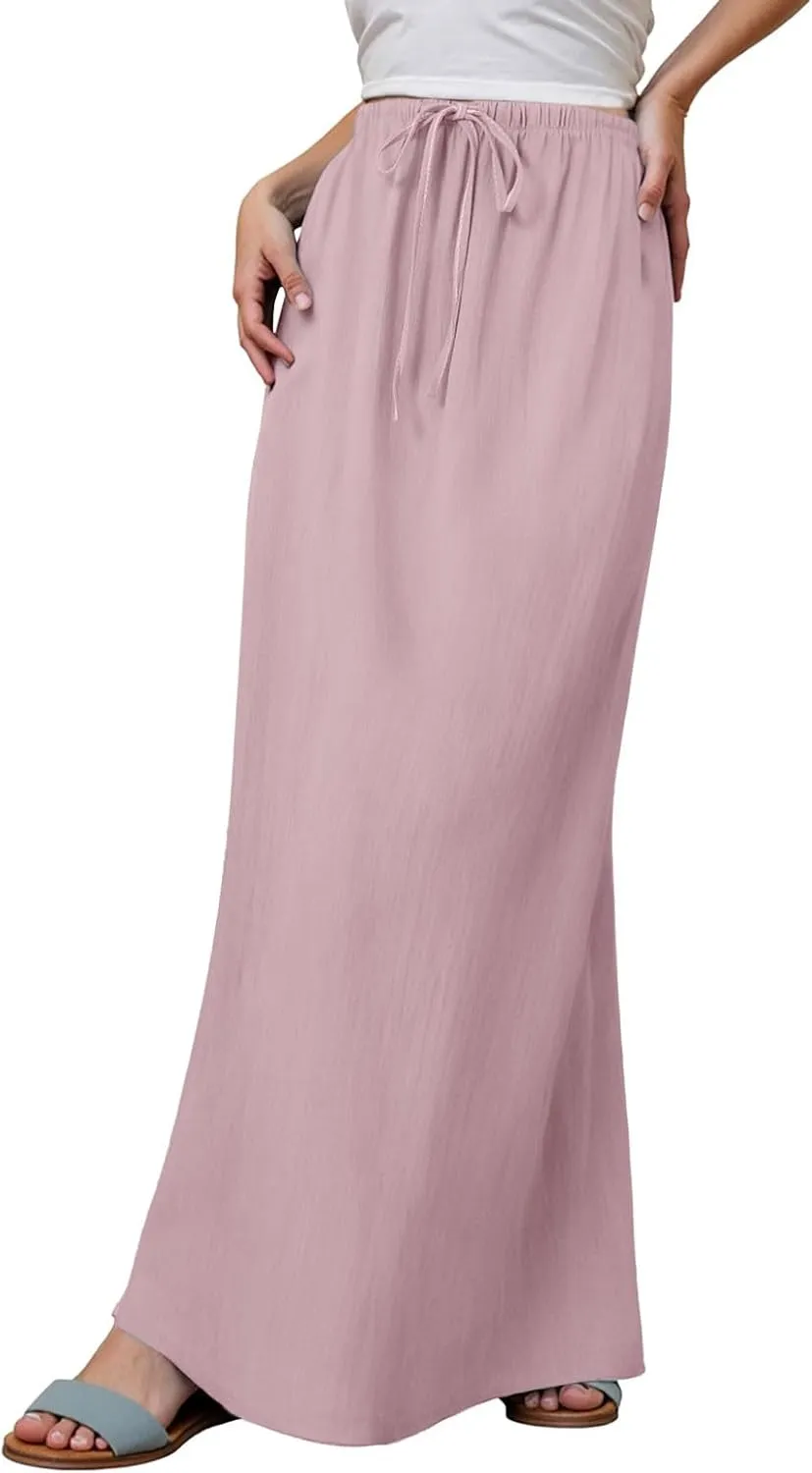 Womens Cotton Linen Maxi Skirts Summer Elastic Waist Drawstring A Line Long Flared Vacation Boho Flowy Beach Skirt