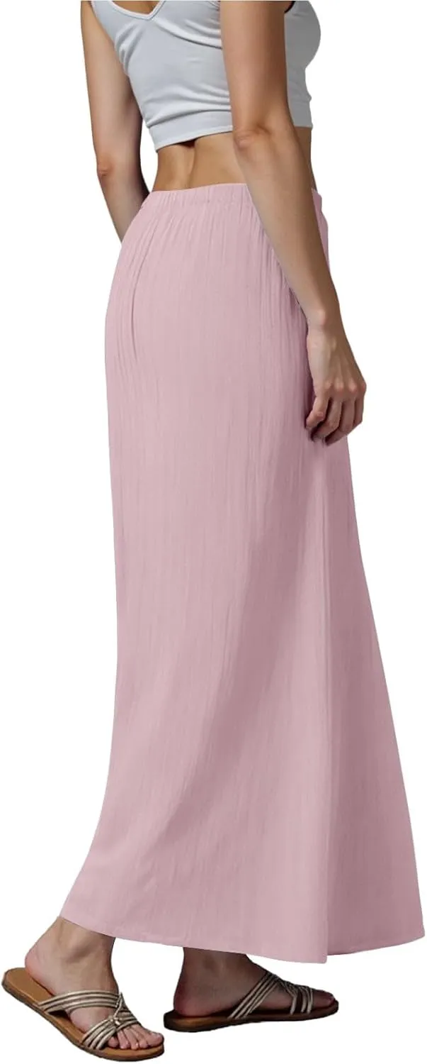 Womens Cotton Linen Maxi Skirts Summer Elastic Waist Drawstring A Line Long Flared Vacation Boho Flowy Beach Skirt