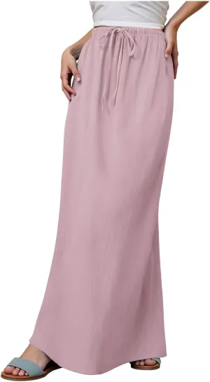 Womens Cotton Linen Maxi Skirts Summer Elastic Waist Drawstring A Line Long Flared Vacation Boho Flowy Beach Skirt
