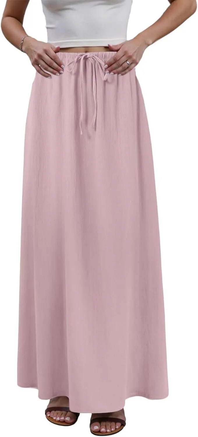 Womens Cotton Linen Maxi Skirts Summer Elastic Waist Drawstring A Line Long Flared Vacation Boho Flowy Beach Skirt
