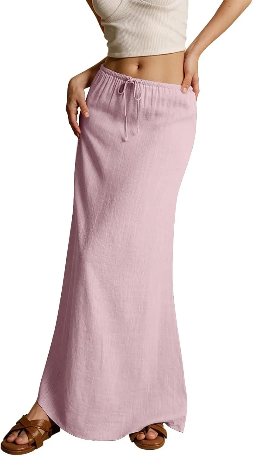 Womens Cotton Linen Maxi Skirts Summer Elastic Waist Drawstring A Line Long Flared Vacation Boho Flowy Beach Skirt